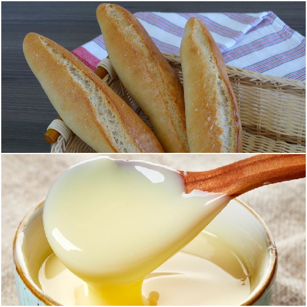 You cut the baguette open then pours half a can of condensed milk over it and enjoy